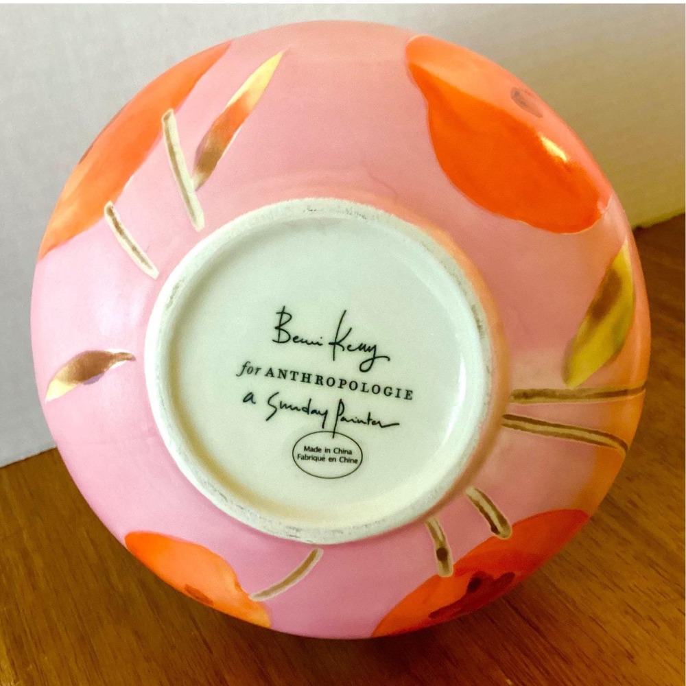 Anthropologie Benni Kenny A Sunday Painter Pink Floral Ceramic Vase Gold Accents - Picture 5 of 9